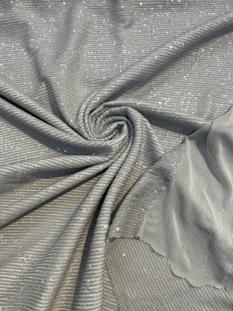 Mille Striped Stretch Sequins - Silver on Silver - 4 Way Stretch Spandex Sequins Striped Fabric By The Yard