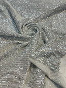 Mille Striped Stretch Sequins - Silver on White - 4 Way Stretch Spandex Sequins Striped Fabric By The Yard