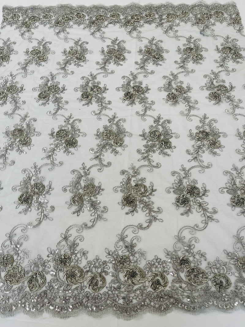 Flower Lace Fabric - Gray/ Silver - Embroidered Roses With Sequins on a Mesh Lace Fabric By Yard
