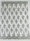 Lace Flower Cluster Fabric - Silver - Embroidered Flower With Sequins on a Mesh Lace Fabric By Yard