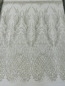 Heart & Feather Pattern Fabric - Silver - Embroidered Elegant Design with Beads Mesh Fabric Sold By Yard