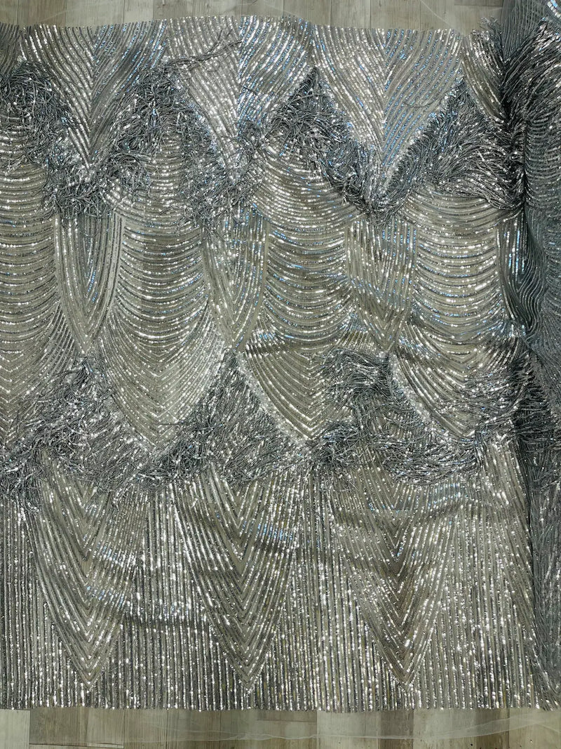 Fringe Sequins Fabric - Silver - 2 Way Stretch Glamorous Fringe Design on Mesh By Yard
