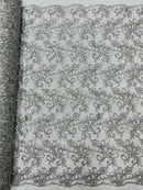 Small Flower Fabric - Silver - Floral Plant Embroidered Design on Lace Mesh By Yard
