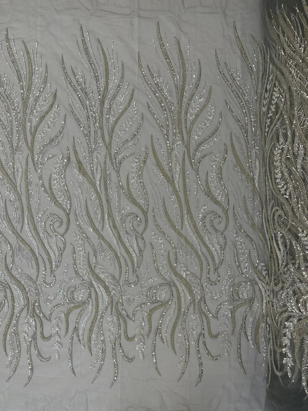 Sea Plant Design Fabric - Silver - Beaded Embroidered Sea Plant Design Fabric by Yard