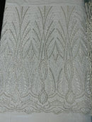 Beaded Pattern Fabric - Silver - Embroidered Fancy Beads Pattern On Mesh Fabric Sold By Yard