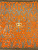 Big Damask Sequins Fabric - Orange on Coffee Mesh - 4 Way Stretch Damask Sequins Design Fabric By Yardhh