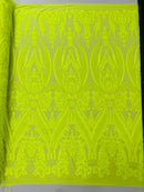 Big Damask Sequins Fabric - Neon Yellow Solid - 4 Way Stretch Damask Sequins Design Fabric By Yard