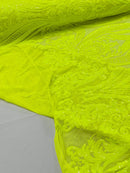 Big Damask Sequins Fabric - Neon Yellow Solid - 4 Way Stretch Damask Sequins Design Fabric By Yard