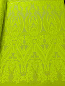 Big Damask Sequins Fabric - Neon Yellow Solid - 4 Way Stretch Damask Sequins Design Fabric By Yard