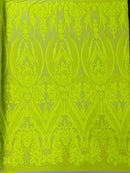 Big Damask Sequins Fabric - Neon Yellow Solid - 4 Way Stretch Damask Sequins Design Fabric By Yard