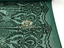 Sequins - Hunter Green - 4 Way Stretch Fancy Fabric Embroidered On Mesh Sold By The Yard