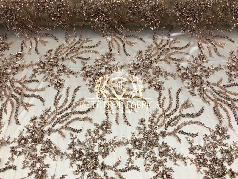Beaded - Champagne - Fancy Flower Design Sequins Fabric with Beads Sold By The Yard
