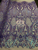 Iridescent Sequins - Lilac - 4 Way Stretch Damask Design Fabric On Stretch Mesh By The Yard