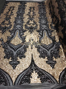 4 Way Stretch - Black and Gold - Two Tone Flower Design Sequins On Stretch Mesh Sold By The Yard