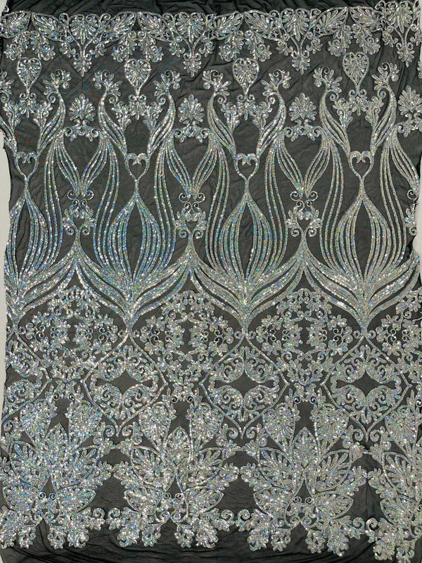 Damask Heart Design - Silver Holographic - Damask with Heart Design Sequins on Mesh By Yard