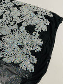 Damask Heart Design - Silver Holographic - Damask with Heart Design Sequins on Mesh By Yard