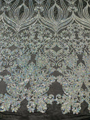 Damask Heart Design - Silver Holographic - Damask with Heart Design Sequins on Mesh By Yard
