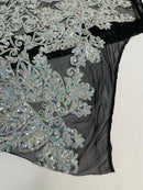 Damask Heart Design - Silver Holographic - Damask with Heart Design Sequins on Mesh By Yard