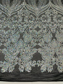 Damask Heart Design - Silver Holographic - Damask with Heart Design Sequins on Mesh By Yard