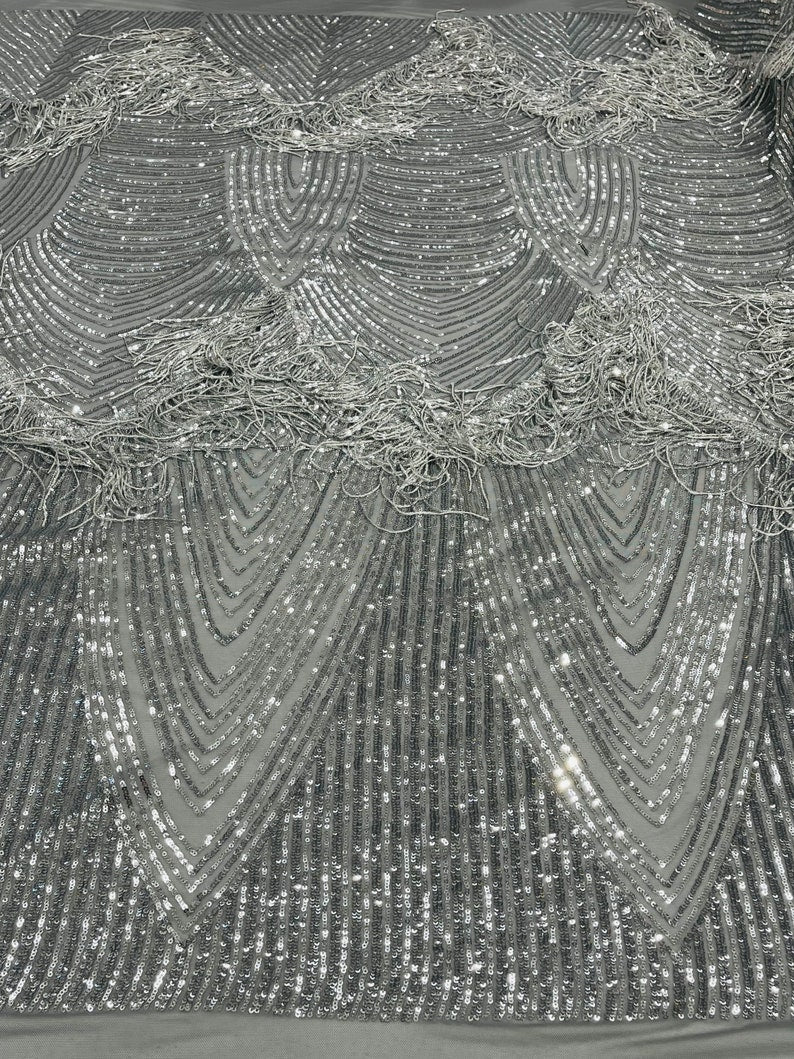 Silver/silver Mesh Fringe Sequins - Dangle 4 Way Stretch Fancy Sequins Fabric Sold By The Yard