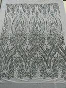 Big Damask Sequins Fabric - Silver - 4 Way Stretch Damask Sequins Design Fabric By Yard