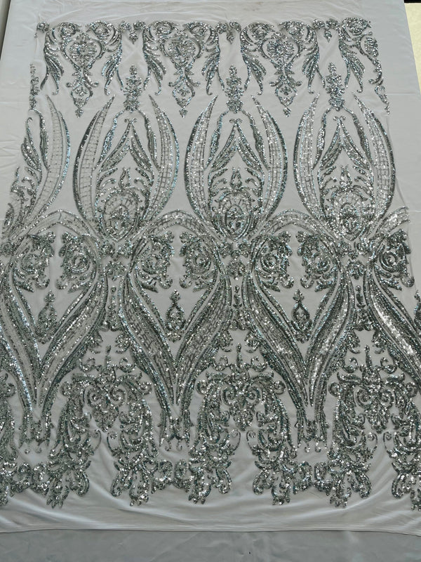 Big Damask Sequins Fabric - Silver - 4 Way Stretch Damask Sequins Design Fabric By Yard