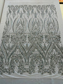 Big Damask Sequins Fabric - Silver - 4 Way Stretch Damask Sequins Design Fabric By Yard