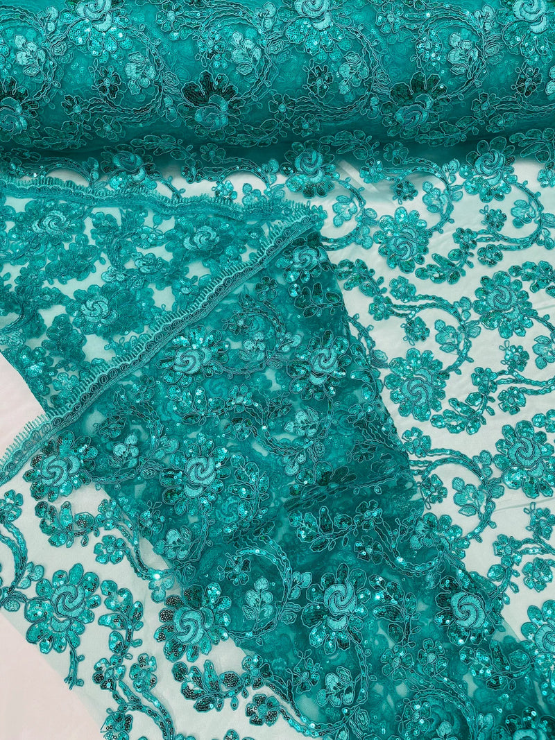 Corded Sequins Flower Lace - Teal - Corded Floral Lace With Sequins So