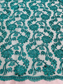 Corded Sequins Flower Lace - Teal - Corded Floral Lace With Sequins Sold By Yard