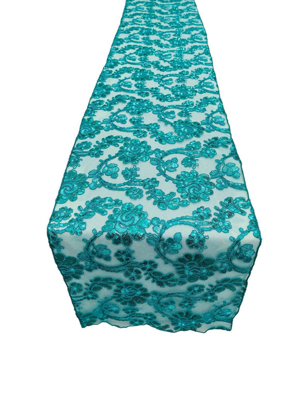 Floral Lace Sequins Table Runner - Teal - 12" x 90" Floral Lace Table Runner