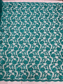 Corded Sequins Flower Lace - Teal - Corded Floral Lace With Sequins Sold By Yard