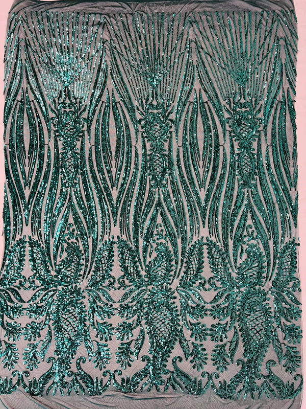 Paisley Sequin Fabric - Teal Green - Line Pattern 4 Way Stretch Elegant Fabric By The Yard