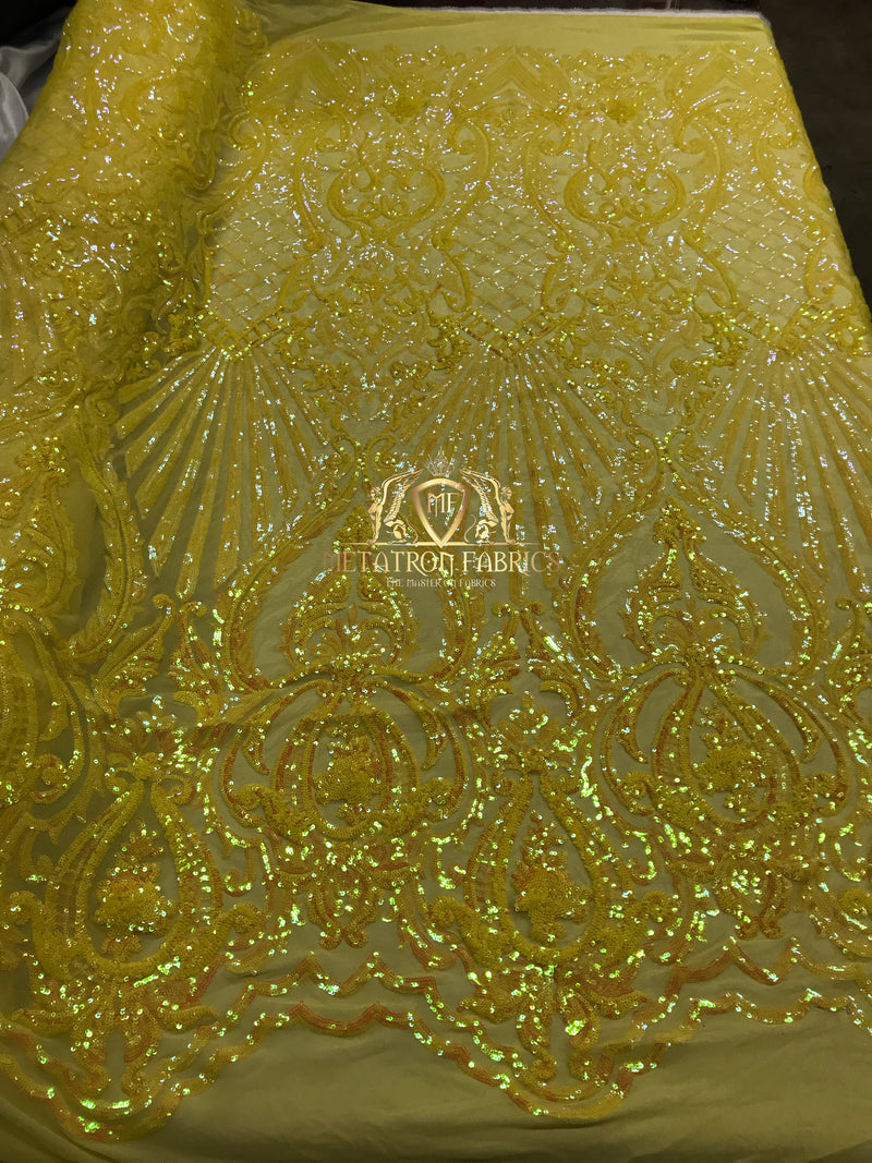 Iridescent Sequins - Yellow - 4 Way Stretch Damask Design Fabric On Stretch Mesh By The Yard