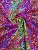 Dragon Scales Foil Fabric - Tie Dye Fuchsia / Yellow - Iridescent Dragon Design on Spandex Fabric