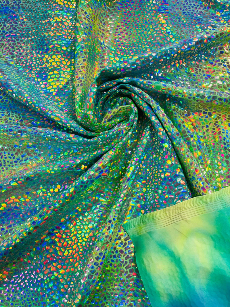 Dragon Scales Foil Fabric - Tie Dye Green - Iridescent Dragon Design on Spandex Fabric