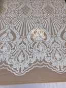 Sequins - White on Dark Nude Mesh - 4 Way Stretch Fancy Fabric Embroidered On Mesh Sold By The Yard