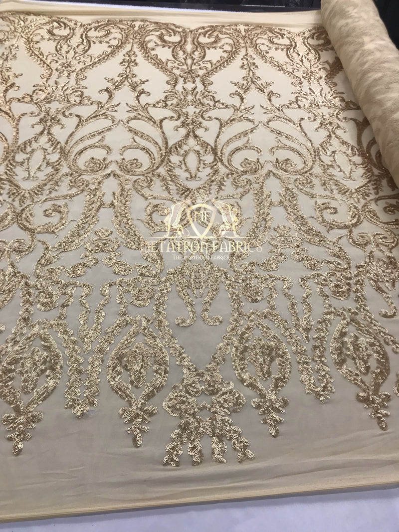 4 Way Stretch - Matte Gold - Sequins Damask Design Fabric Embroidered On Mesh Sold By The Yard