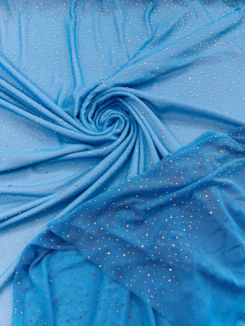 Power Mesh Polyester Rhinestone Fabric - Turquoise - 4 Way Stretch Power Mesh Fabric Crystal Stones By Yard