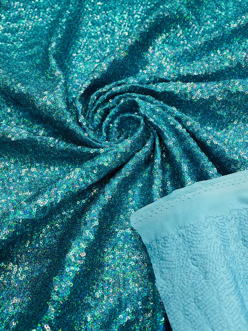Mini Glitz Sequins Milliskin - Turquoise - 4 Way Stretch Milliskin Nylon Spandex Fabric Sold By Yard