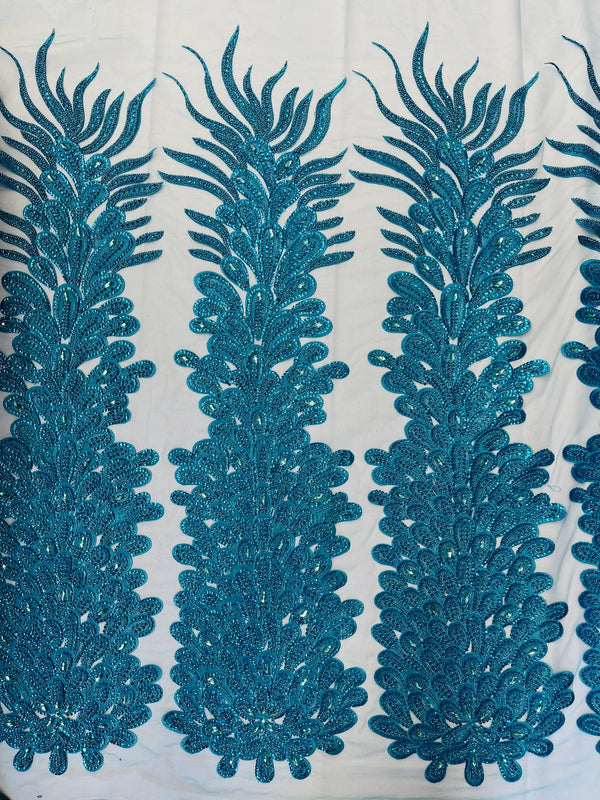 3D Beaded Peacock Feathers - Turquoise - Vegas Design Embroidered Sequins and Beads On a Mesh Lace Fabric (Choose The Panels)