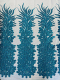 3D Beaded Peacock Feathers - Vegas Design Embroidered Sequins and Beads On a Mesh Lace Fabric - 15 Yard Roll