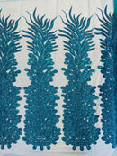 3D Beaded Peacock Feathers - Turquoise - Vegas Design Embroidered Sequins and Beads On a Mesh Lace Fabric (Choose The Panels)