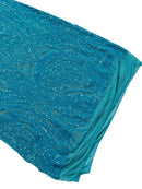 Long Wavy Pattern Sequins - Turquoise - 4 Way Stretch Sequins Fabric Line Design By Yard