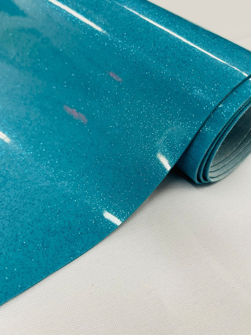 Vinyl Fabric - Turquoise Shiny Sparkle Glitter Leather PVC - Upholstery By The Yard