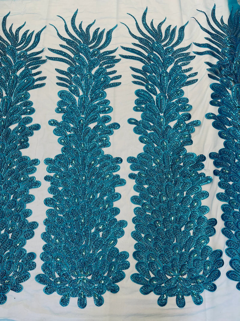 3D Beaded Peacock Feathers - Turquoise - Vegas Design Embroidered Sequins and Beads On a Mesh Lace Fabric (Choose The Panels)
