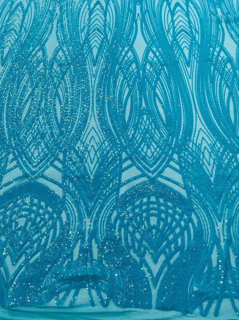 Long Wavy Pattern Sequins - Turquoise - 4 Way Stretch Sequins Fabric Line Design By Yard