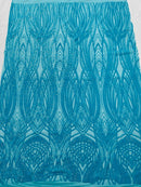 Long Wavy Pattern Sequins - Turquoise - 4 Way Stretch Sequins Fabric Line Design By Yard