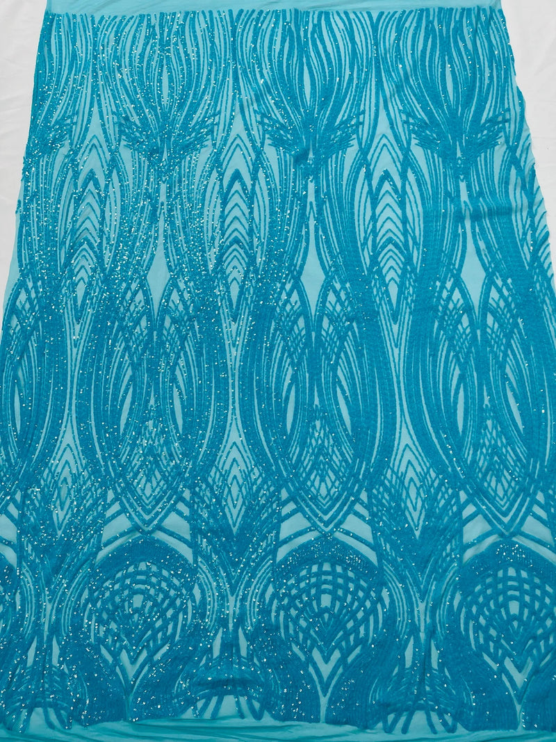 Long Wavy Pattern Sequins - Turquoise - 4 Way Stretch Sequins Fabric Line Design By Yard