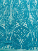 Long Wavy Pattern Sequins - Turquoise - 4 Way Stretch Sequins Fabric Line Design By Yard
