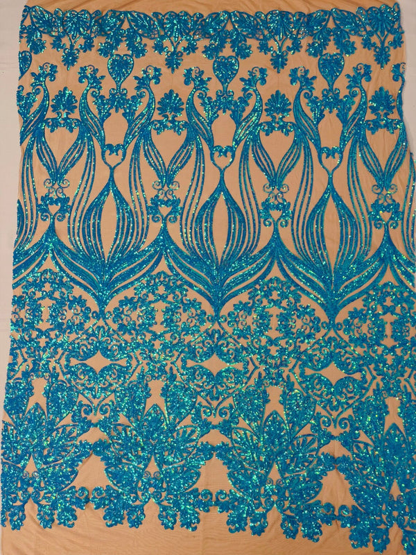 Damask Heart Design - Iridescent Turquoise on Nude - Damask with Heart Design Sequins on Mesh By Yard